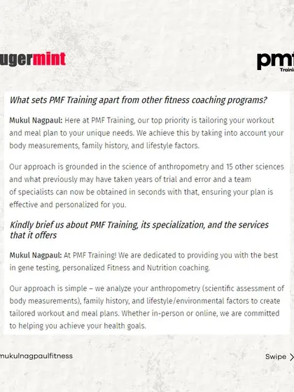 I had the pleasure of being interviewed by Sugermint India about my journey as a fitness expert and the founder of PMF Training. This carousel shares excerpts from our conversation.