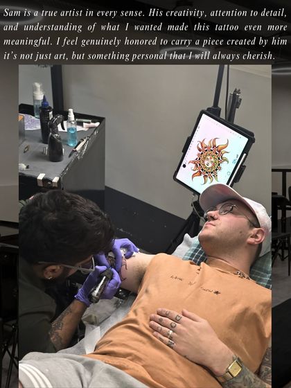 "I feel genuinely honored to carry a piece created by him it's not just art, but something personal that I will always cherish." The tattoo session in progress.