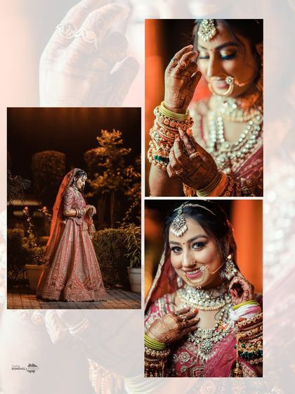 A collage of the bride, showcasing her full-length portrait, a close-up of her jewelry, and a beautiful smiling shot. A complete tribute to the bridal look.