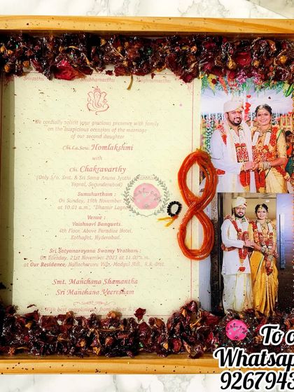 A full view of the South Indian wedding frame, showing the intricate details of the thali rope and the beautiful arrangement of the preserved items.