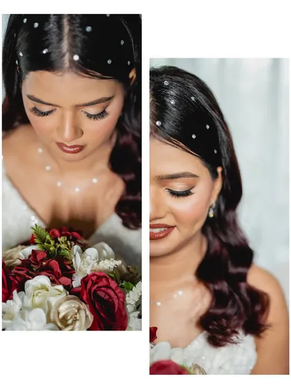 A creative split-shot showing two angles of this bride's stunning makeup. I focused on creating a soft, shimmery eye look with full lashes and a warm, rosy blush.