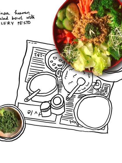 My Quinoa Heaven salad bowl, a specially curated meal made with fresh veggies, grains, and an in-house dressing. This sketch and photo combo highlights the artistry in my food.