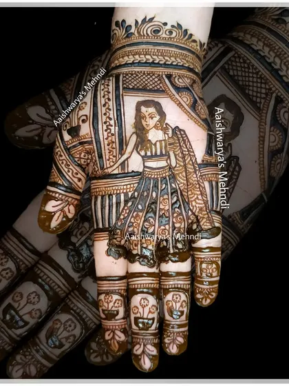 A unique bridal figure design on the palm. I can create custom figures based on your outfit and style for a truly personalized touch.