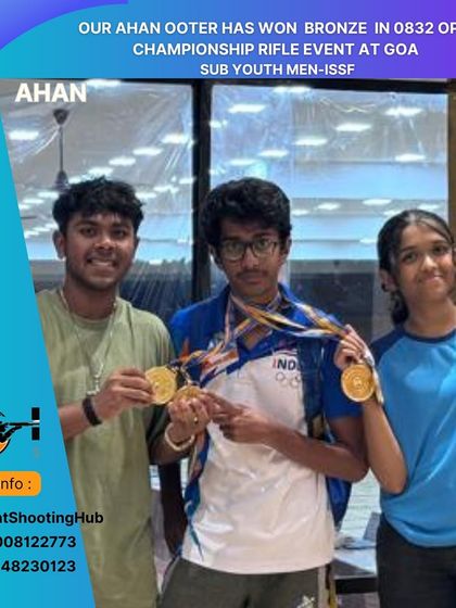 Our shooters celebrating their medal wins at the Open Championship in Goa. Team success is a core part of our academy's philosophy.