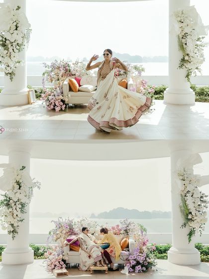 A collage showing the bride's playful twirl and the beautiful Mehendi setup overlooking the water in Vietnam.