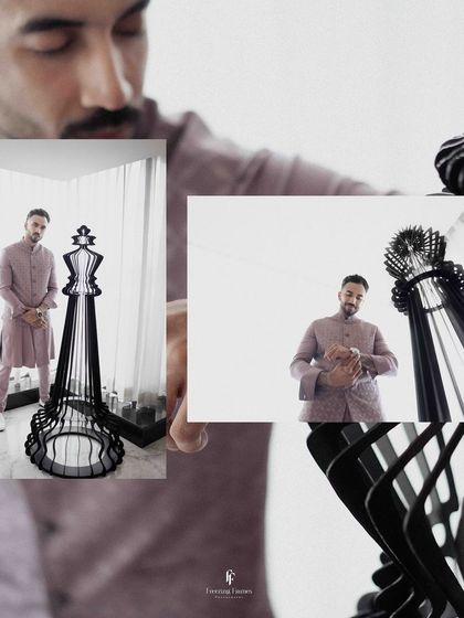 A creative collage of the groom with a large, artistic chess piece, viewed from different angles to create a modern and powerful portrait.