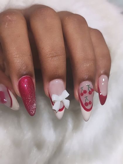 A full view of the cherry-themed nails, showing how all the different elements come together for a super sweet look.