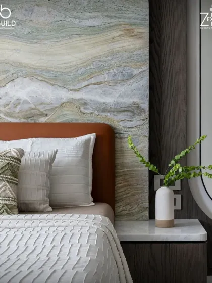 A bedroom in 'The House of Arcs' where a beautiful slab of natural stone with flowing patterns serves as the headboard, framed by dark wood.