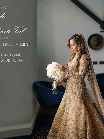 A timeless bride with a delicate veil. We created this custom golden-hued, fully embellished lehenga with a sweeping trail through our virtual styling service, ensuring every detail was perfect for her Nikkah.