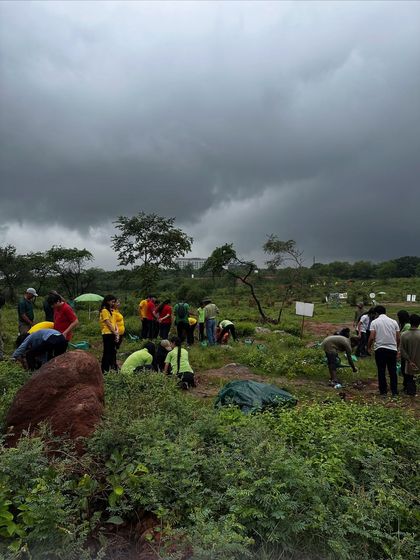 A wide shot of students from The Shri Ram School planting across the landscape of Aravali Nagar Van under dramatic monsoon clouds. Their collective effort is transforming this 180-acre degraded forest.