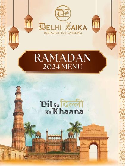 Our Ramadan 2024 Menu cover, inviting you to experience the richness of tradition and flavor with Delhi Zaika.
