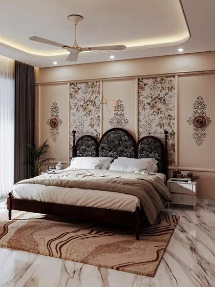 A full view of the neo-classical bedroom, showcasing the dramatic dark wood bed frame against the soft, neutral walls and luxurious marble flooring.