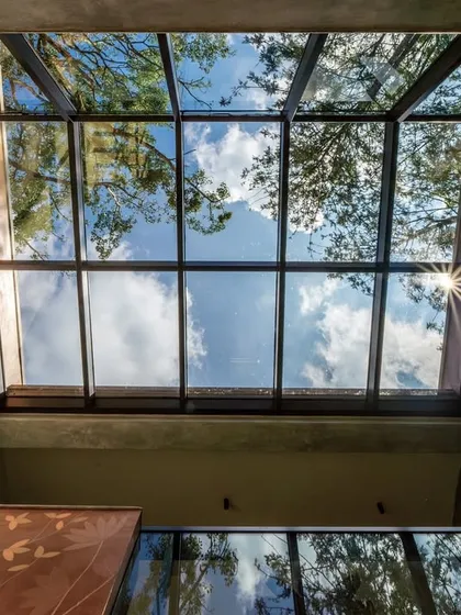 Looking up through a large skylight to the blue sky and sunlit trees above. This shot captures a feeling of openness and connection to the outdoors, even from within the building.
