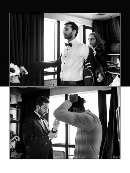 Black and white shots add a timeless, documentary feel to the getting-ready process, focusing on the action and emotion.