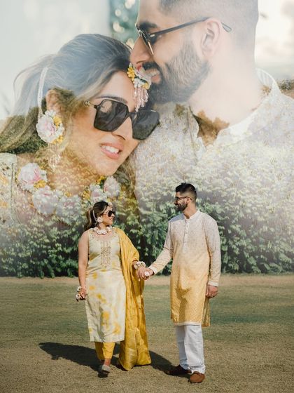 Another lovely double-exposure portrait from the Haldi day. This artistic shot captures the couple's connection against a backdrop of greenery.