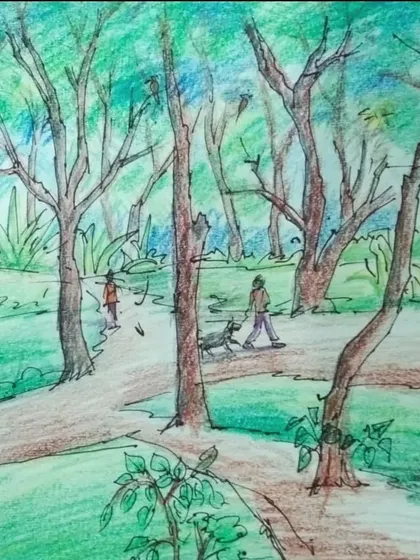 A beautiful colored pencil drawing of a forest path, created by one of our students during the Nature Study Workshop. The piece demonstrates a good understanding of perspective and depth.
