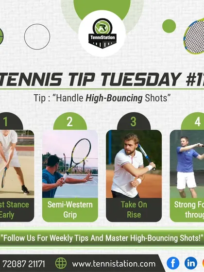 Tennis Tip Tuesday: To handle high-bouncing shots, adjust your stance early, use a semi-western grip, take the ball on the rise, and execute a strong follow-through.