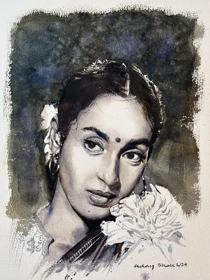 A monochrome portrait of the actress Nutan, another example of the value studies we practice in my courses.