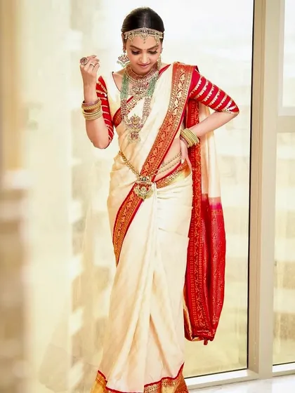Another angle of the elegant South Indian bridal look, showing how the makeup and hair come together to create a regal and timeless appearance.
