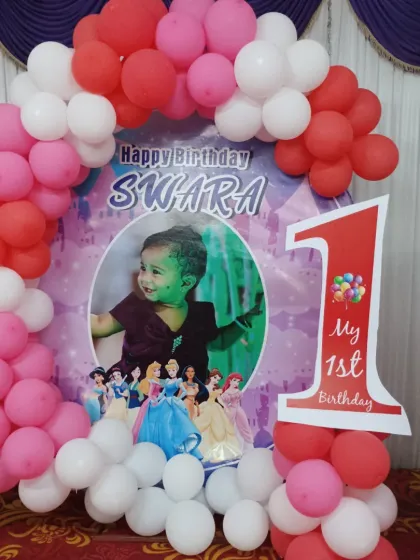 Another angle of the first birthday Princess theme decoration.