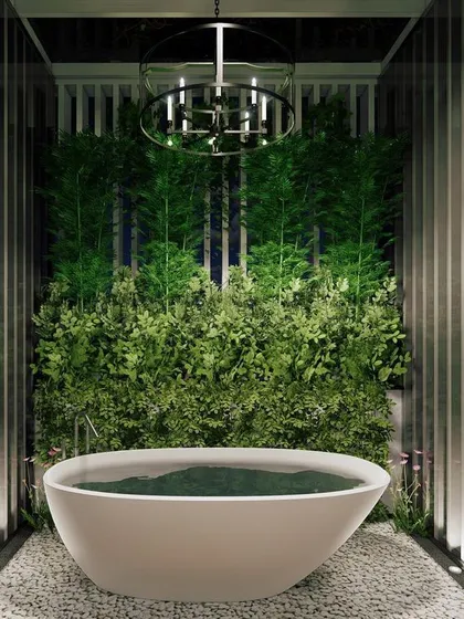 This render imagines a luxurious outdoor bathroom experience. The freestanding tub is set on a bed of pebbles and surrounded by lush greenery, creating a private spa-like retreat that connects you with nature.