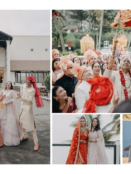 A collage capturing the vibrant energy of the baraat and other family moments at the Kerala wedding. It’s a celebration of traditions, family, and fun.