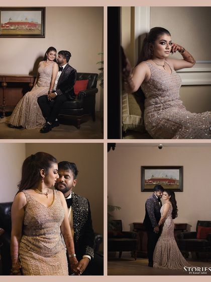 A collage of portraits of the couple from their glamorous cocktail night, showcasing their stylish outfits.
