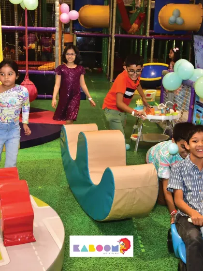 A bustling scene of imaginative play, with kids riding, rocking, and creating together.