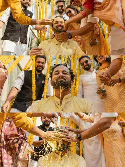 A collage capturing the groomsmen's playful antics during the groom's Haldi ceremony.