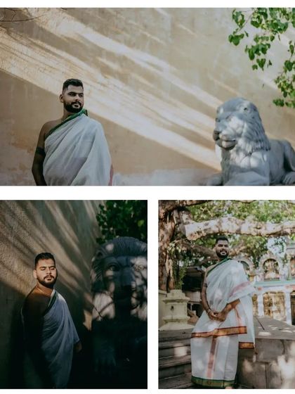 A collage of the groom in traditional South Indian attire at a temple. The play of light and shadow, along with the historic setting, creates a powerful and artistic series of portraits.