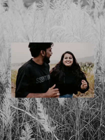 An artistic collage that frames a moment of laughter within the texture of the surrounding field. This creative edit adds a unique, memorable touch to a candid shot.