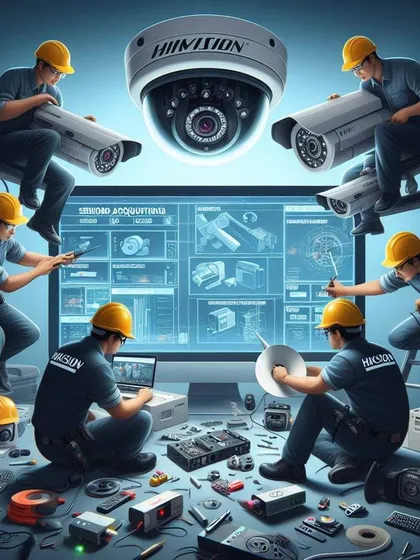 An illustration of our technicians working together to plan and install a complex Hikvision security system.