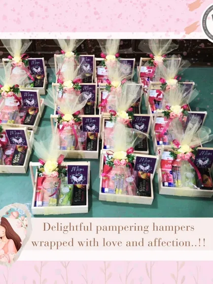 Delightful pampering hampers wrapped with love and affection. This bulk order was for a baby shower, with each basket filled with goodies for the guests.