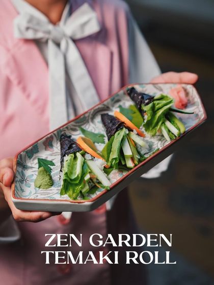 The Zen Garden Temaki Roll, a hand-rolled cone filled with crisp, fresh vegetables for a refreshing crunch.