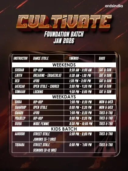 Ready to start your dance journey? Here’s a look at our 'Cultivate' foundation batch schedule, perfect for beginners or anyone looking to strengthen their basics across different street styles.