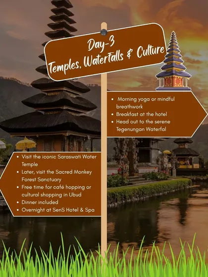 Day 3 in Bali is for temples, waterfalls, and culture. We visit the Saraswati Water Temple and the Sacred Monkey Forest Sanctuary.
