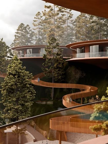 A view of the "Hillucinations" resort, where a winding skywalk connects the floating villas, creating a magical journey through the pine forest.