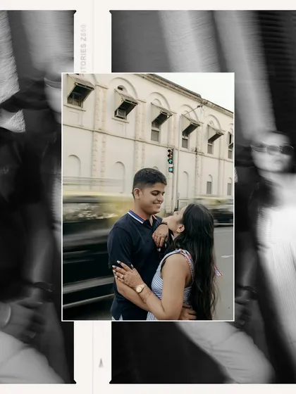 An artistic edit with motion blur, focusing on a sweet moment between the couple in the heart of Mumbai. This creative pre-wedding photo has a modern and dynamic feel.