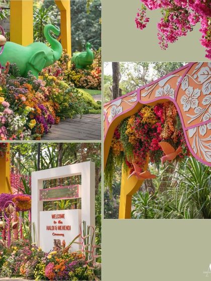 A collage of decor details from a whimsical mehendi. It showcases a welcome sign, a floral archway, and green elephant props, all contributing to a fun and festive theme.