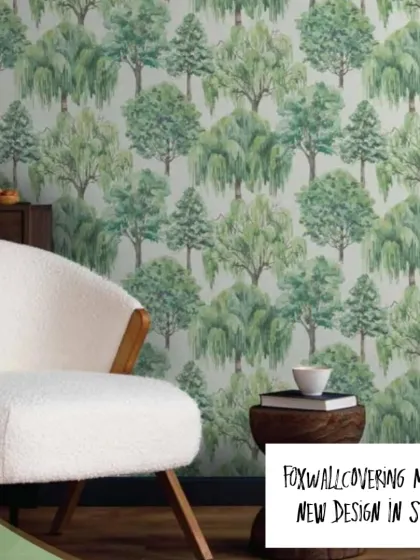 A charming wallpaper with a repeating pattern of stylized trees. This design adds a touch of nature with a whimsical, illustrative quality.