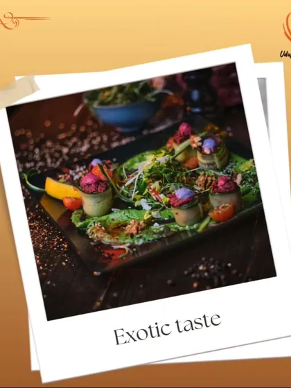 This image of an exotic, artfully plated appetizer showcases our flair for creative and modern vegetarian cuisine. We love to surprise guests with unique flavors and beautiful presentation.