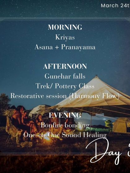 Day 3 schedule for our Bir retreat, featuring a trek to Gunehar falls, a pottery class, a restorative session, and bonfire bonding.