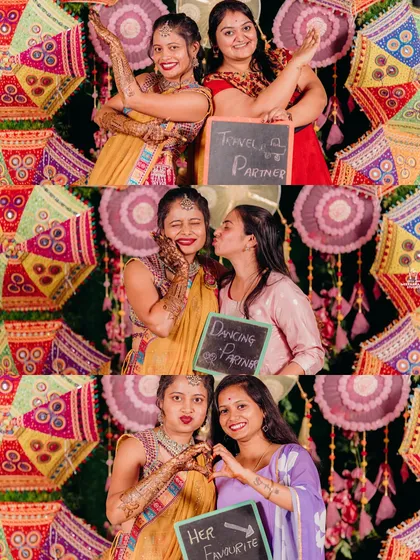 A collage of a bride with her friends and family during her vibrant and fun Mehendi ceremony.