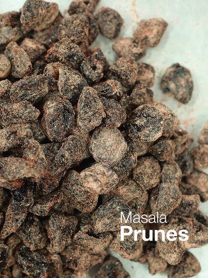 A close-up of my Masala Prunes, showing the rich texture and spice coating. The unique flavour comes from a seasoning made with Chani Ber, a specialty fruit from Gujarat that adds a distinct fruity sourness.