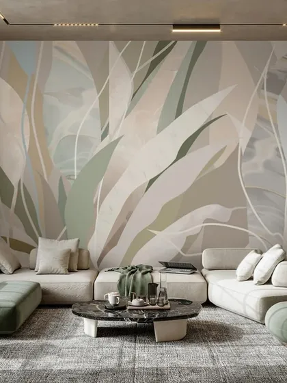 A subtle and abstract botanical wallpaper in soft, muted greens and beiges. This design is perfect for creating a calm and serene atmosphere.