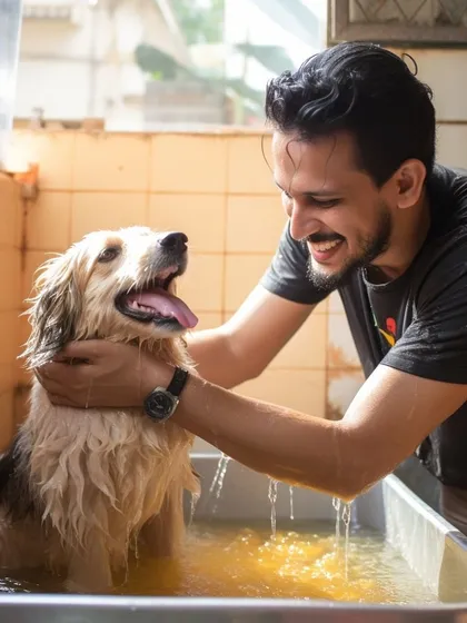 For pups who prefer a calmer experience, our indoor professional tub is a safe and cozy space. I always go slow and gentle, making sure they feel secure and loved during their dog washing session.