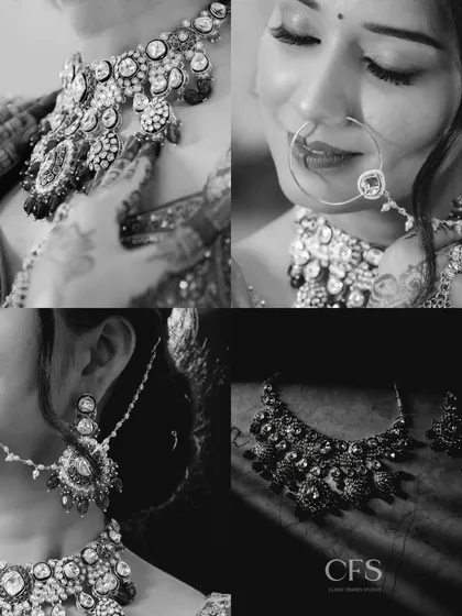 A stunning black and white collage of the bride's North Indian wedding jewelry. The close-ups on the intricate necklace, nose ring, and earrings highlight their exquisite craftsmanship.