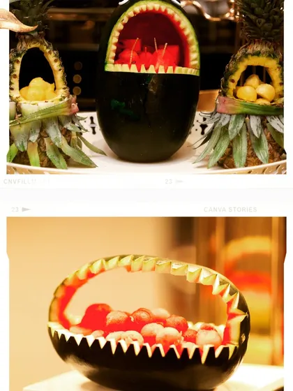 We believe food presentation is an art form. This collage shows our creative fruit carvings, turning simple watermelons and pineapples into decorative baskets and centerpieces that wow guests.