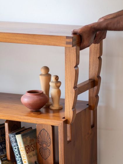 A detailed look at the Mysore Inlay Collection. These images highlight the functional aspects, such as the detachable bench on the bookshelf and the removable tray on the center table, alongside the exquisite craftsmanship.