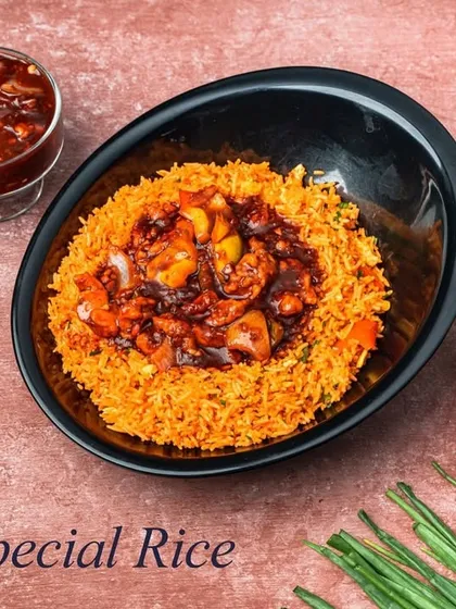 Our Safeer Special Rice is a complete meal in a bowl. It features flavourful rice topped with a spicy gravy and your choice of protein.